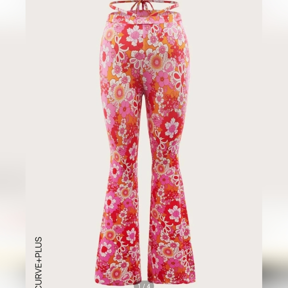 floral print tie back flare bell bottom pants